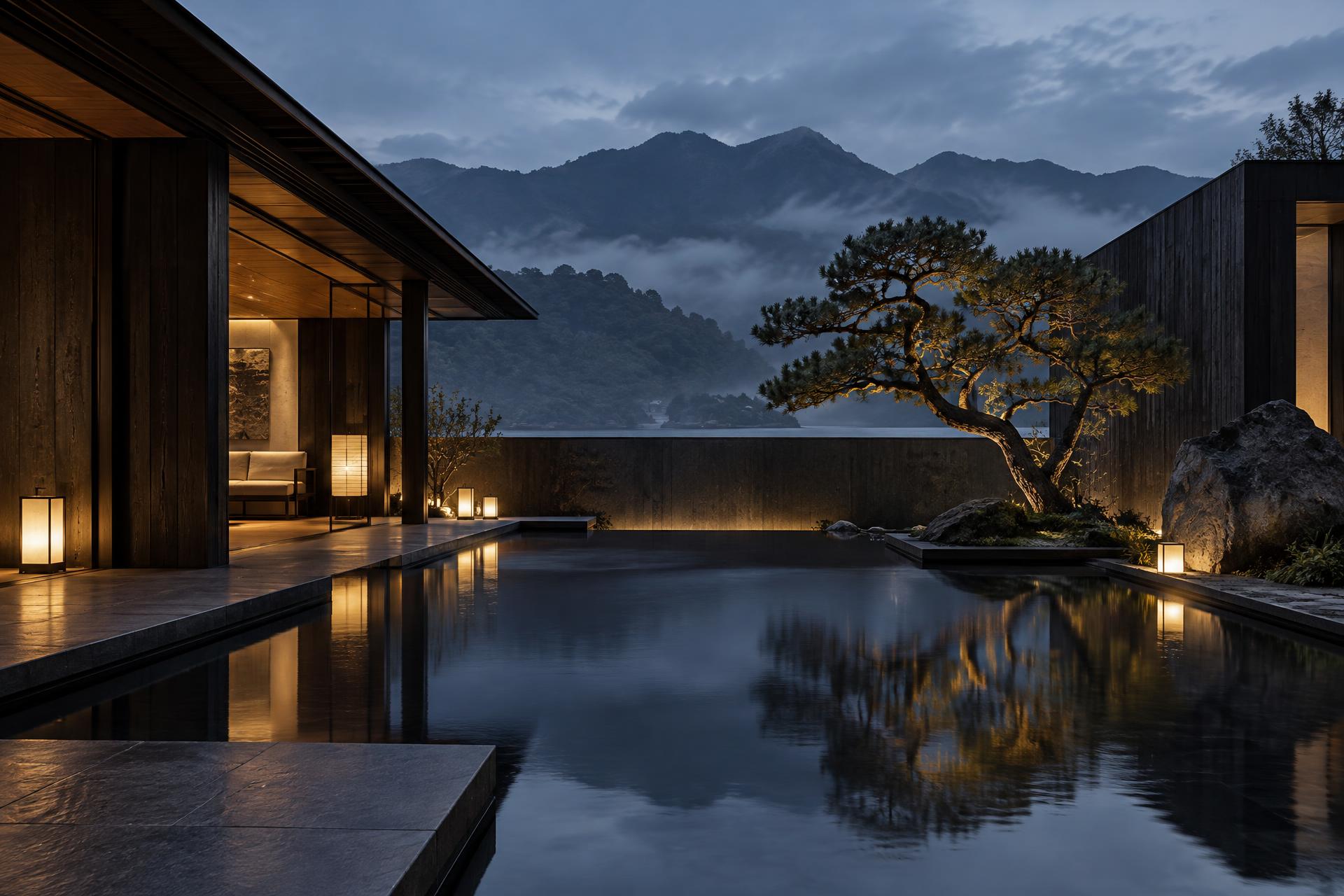 A serene Japanese residence and reflecting pool in the mountains